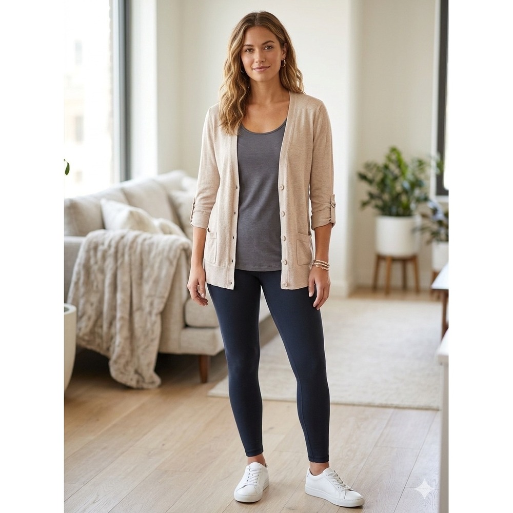 Apostrophe Womens Tan Beige Roll‎ Tab Sleeve Open Front Cardigan Sweater Large